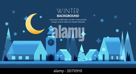 Vector illustration of small snow-covered town with houses, fir trees, tower. Winter moon night, horizontal banner background. Design for festive post Stock Vector
