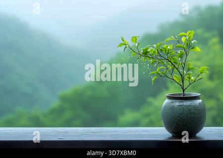A small green plant is in a vase on a table. The vase is on a ledge outside Stock Photo