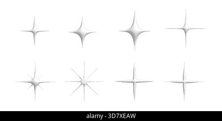 Set of grainy sparkle stars with soft glow and halftone texture. Minimal light bursts and radiant highlights for decoration, clean graphic accents Stock Vector