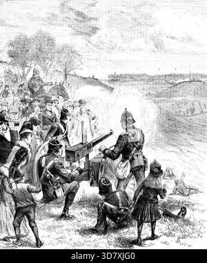 The Easter Volunteer Manoeuvres: defeat of the Invading Force at Summerhouse Hill, Folkestone, 1890. British Army training exercises - members of the public watching machine gun in action. 'The manoeuvres at Folkestone came to an end with a sham fight in the neighbourhood of Caesar's Camp. Heavy and squally weather prevailed during the whole time. The South London Volunteer Brigade was divided into an invading and defending force...The invading force marched up the hillsides in a storm of wind and rain, and took up a strong position at Caesar's Camp, from which the defenders endeavoured to dis Stock Photo