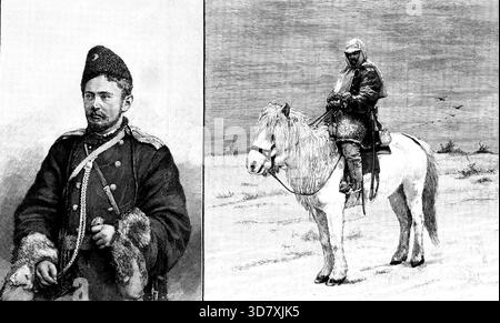 Lieutenant Dimitri Pechkoff, riding from Eastern Siberia to St. Petersburg on horseback, 1890. 'A young Russian officer of the Amour Regiment of Cossacks, is accomplishing a solitary ride on horseback, using one horse, from one of the easterly provinces of the vast Asiatic Empire of Russia to St. Petersburg, crossing Siberia in the middle of winter...he started on Nov. 19 from Blagovetschensk...on the Chinese frontier, and reached Omsk, on the Irtish, the capital of West Siberia, on March 11, having lost twenty-six day's by various detentions, including an attack of influenza, which laid him u Stock Photo