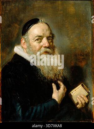 Portrait of Hendrik Swalmius, 1639. A bearded male figure wearing a fitted black jacket and matching skullcap turns alertly toward the viewer. The black of the clothing is far from uniform: a warm, plush shade of black evokes embroidered velvet, while a colder, bluer black stands in for shimmering satin. Against these dark tonalities, the small book in the sitter’s right hand stands out in sharp relief. This is likely a Bible or a prayer book, as a contemporary engraving of the picture identifies the subject as Hendrik Swalmius, a preacher in Haarlem who was ordained in 1600. Stock Photo