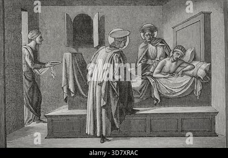 St Cosmas and St Damian visiting a sick person and administering aid, 1877. They were two Christian brothers, physicians by profession, from Arabia (3rd century). They practised medicine in Cilicia, Augusta Eufratensis (near Syria), never charging the sick and healing many. They were beheaded by order of Diocletian around the year 300. After a painting by Francesco Peselli, 15th century. From "Vie Militaire et Religieuse au Moyen Age et à l'Epoque de la Renaissance", Paris, 1877. Stock Photo