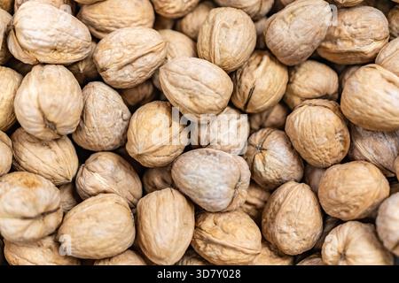 Close-up of walnuts - walnut background with selective focus. Stock Photo