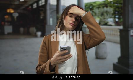 Hispanic woman holding smartphone looks distressed while standing outdoors in busy city street, showing signs of a headache under the daylight. Stock Photo