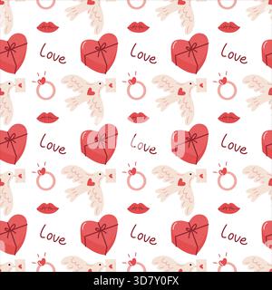 Valentines Day Seamless Pattern with Hearts and Romantic Icons Stock Vector