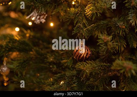 Close-up of a Christmas tree and detail of decorations on the Christmas tree Stock Photo