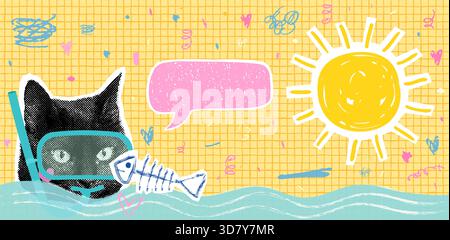 Funny summer collage with vector cat face with snorkel and fish bone, fun animal banner with sea waves and sun background design Stock Vector