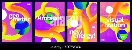 Vibrant Geometric Poster Set with 3D Curved Line Shapes. Creative Flyer, Banner, or Poster Cover Template Design Stock Vector
