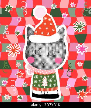 Funny holiday vector cat with Santa hat and ugly Christmas sweater on a groovy red, green and pink wavy background Stock Vector