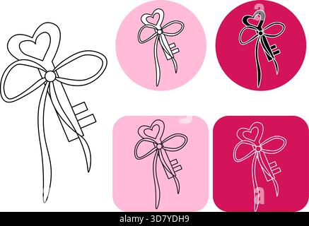 Old door key with love abstract icon Logotype Valentine's Day. Vector graphic line black and white illustration. for package, holiday design, fabric a Stock Vector
