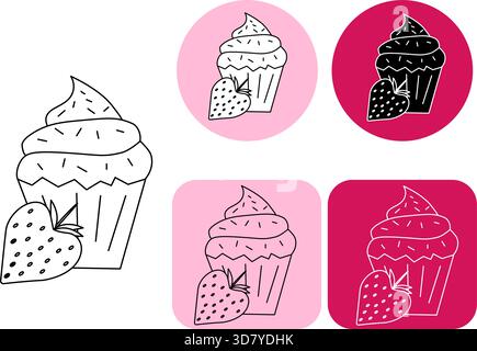 cupcake illustration with straqberry. Hand drawing food doodle Logotype Valentine's Day. Vector graphic line black and white illustration. Line art fo Stock Vector