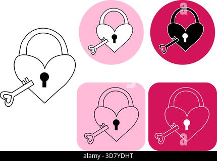 Heart Shaped Lock Silhouette and key Logotype Valentine's Day. Vector graphic line black and white illustration. Sample poster, invitation, holiday ba Stock Vector