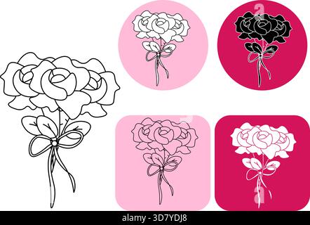 Rose bouquet Logotype Valentine's Day. Vector graphic line black and white illustration. Silhouette sign for logo, print, comics, fashion, pop art, bo Stock Vector