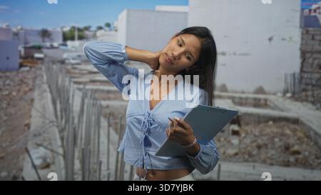 Thai woman holding a clipboard and reading notes while touching her neck at a building construction site under sunlight; concern work stress. Stock Photo