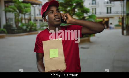 Man in red shirt holds paper bag and talks on smartphone on city street with building facade visible; dedication. Stock Photo