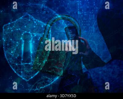 Mobile hacker and digital padlock symbolizing cybersecurity and data protection Stock Photo
