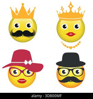 Illustration of set of yellow emoticons with golden crown, mustache and glasses on white background Stock Vector