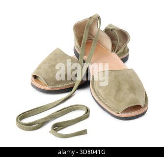 Pair of stylish khaki shoes isolated on white Stock Photo