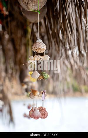 Seashells hanging on the ropes on a tropical beach, Thailand, close up Stock Photo
