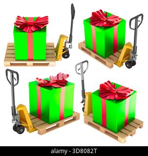 Gift box on pallet jack, holiday logistics concept. Shown from multiple angles. 3D rendering isolated on white background Stock Photo