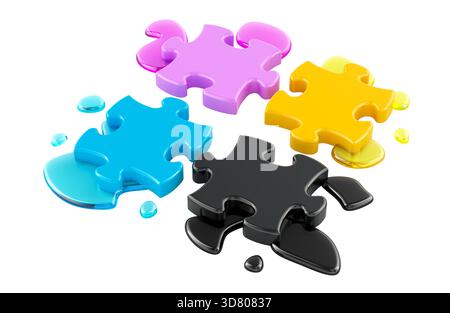 CMYK color ink puzzle pieces, printing concept. 3D rendering isolated on white background Stock Photo
