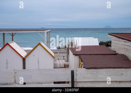 Wood construction on a Sicilian beach overlooking the Mediterranean Sea Stock Photo