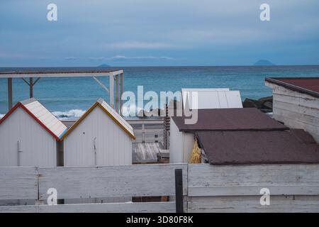 Wood construction on a Sicilian beach overlooking the Mediterranean Sea Stock Photo