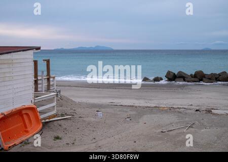 Wood construction on a Sicilian beach overlooking the Mediterranean Sea Stock Photo