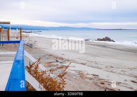Wood construction on a Sicilian beach overlooking the Mediterranean Sea Stock Photo