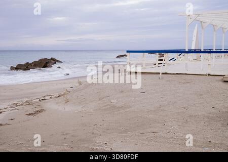 Wood construction on a Sicilian beach overlooking the Mediterranean Sea Stock Photo