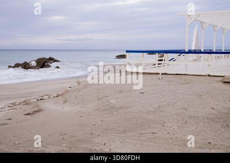 Wood construction on a Sicilian beach overlooking the Mediterranean Sea Stock Photo