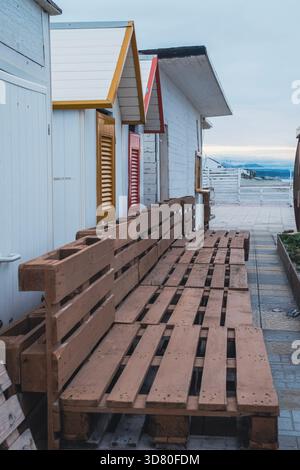 Wood construction on a Sicilian beach overlooking the Mediterranean Sea Stock Photo