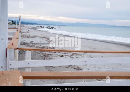 Wood construction on a Sicilian beach overlooking the Mediterranean Sea Stock Photo