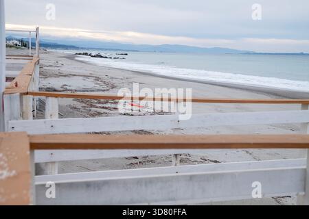 Wood construction on a Sicilian beach overlooking the Mediterranean Sea Stock Photo
