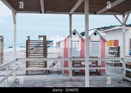 Wood construction on a Sicilian beach overlooking the Mediterranean Sea Stock Photo