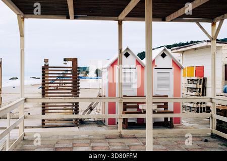 Wood construction on a Sicilian beach overlooking the Mediterranean Sea Stock Photo