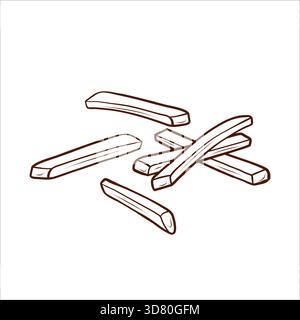 Scattered French fries. Vector illustration in a line art style. A simple black and brown image with no color, isolated on a white background. Stock Vector