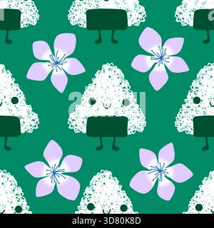 Japanese food onigiri seamless cartoon kawaii rice ball pattern for wrapping paper and kids clothes print and menu and restaurants accessories and fab Stock Photo