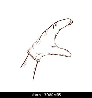 A hand in a latex glove, positioned as if holding a burger. Vector illustration in a line art style, brown lines, isolated on a white background. Stock Vector