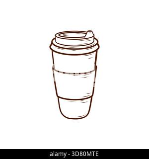 Disposable coffee cup with a lid and protective seal. Vector illustration in a line art style. Clean brown lines, isolated on a white background. Stock Vector