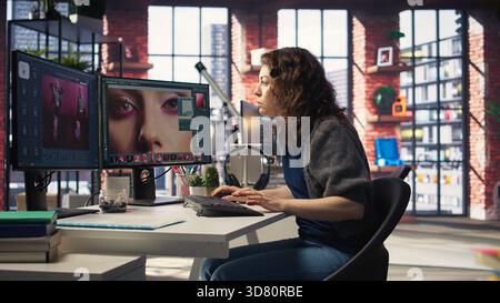Woman expert developer works with photo editing software in the creative workspace, digital media. Using dual monitors to ensure productivity and innovation in the graphic design world. Camera A. Stock Photo