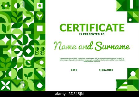 Ecology diploma certificate with green geometric pattern, vector template. Appreciation letter or diploma certificate for achievement in green technology or eco environment with geometric shapes frame Stock Vector