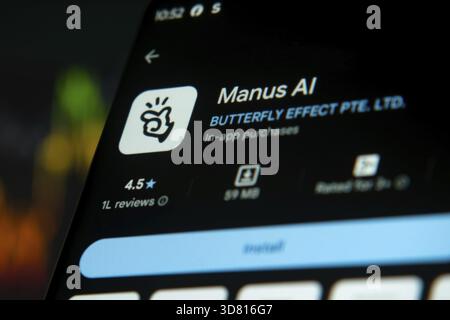 Manus AI app screen showing rating and developer details in a dark theme Stock Photo