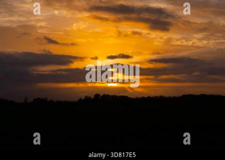 The setting sun breaks through clouds in brilliant gold and orange, framed by a striking silhouette of close-up horizontal power lines across the cent Stock Photo