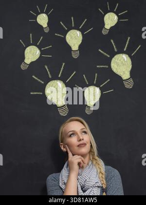 Innovative young businesswoman with a vision and bright idea standing below a shining light bulb drawn on a chalkboard Stock Photo