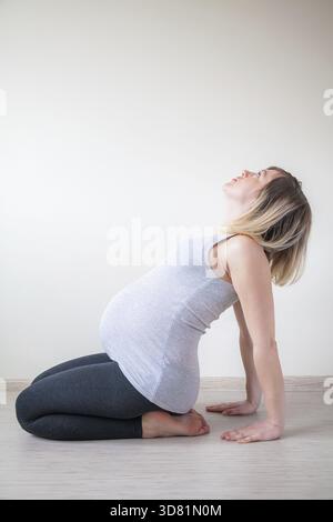 Pregnant woman doing stretching exercises indoors Stock Photo