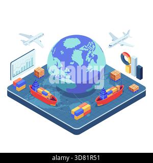 Isometric Global Import and Export Logistics with Cargo Ships Airplanes and Trade Routes. Global Import and Export and International Trade Concept Stock Vector