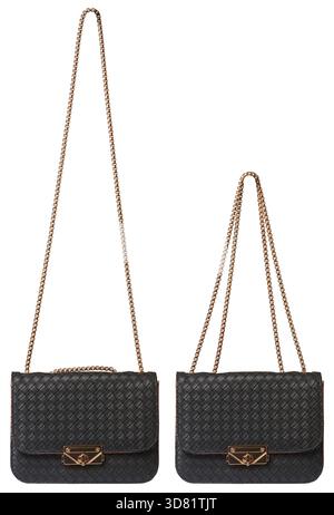 woven black leather crossbody bag, elegant shoulder purse with gold chain isolated white background, fashion accessory with turn-lock clasp, mock-up Stock Photo