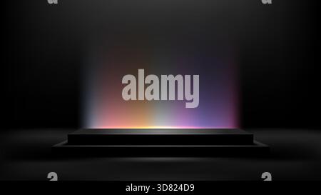 3D stepped black podium is centered in a dark empty studio room. modern platform for digital product display, vibrant soft vertical light beam with ra Stock Vector